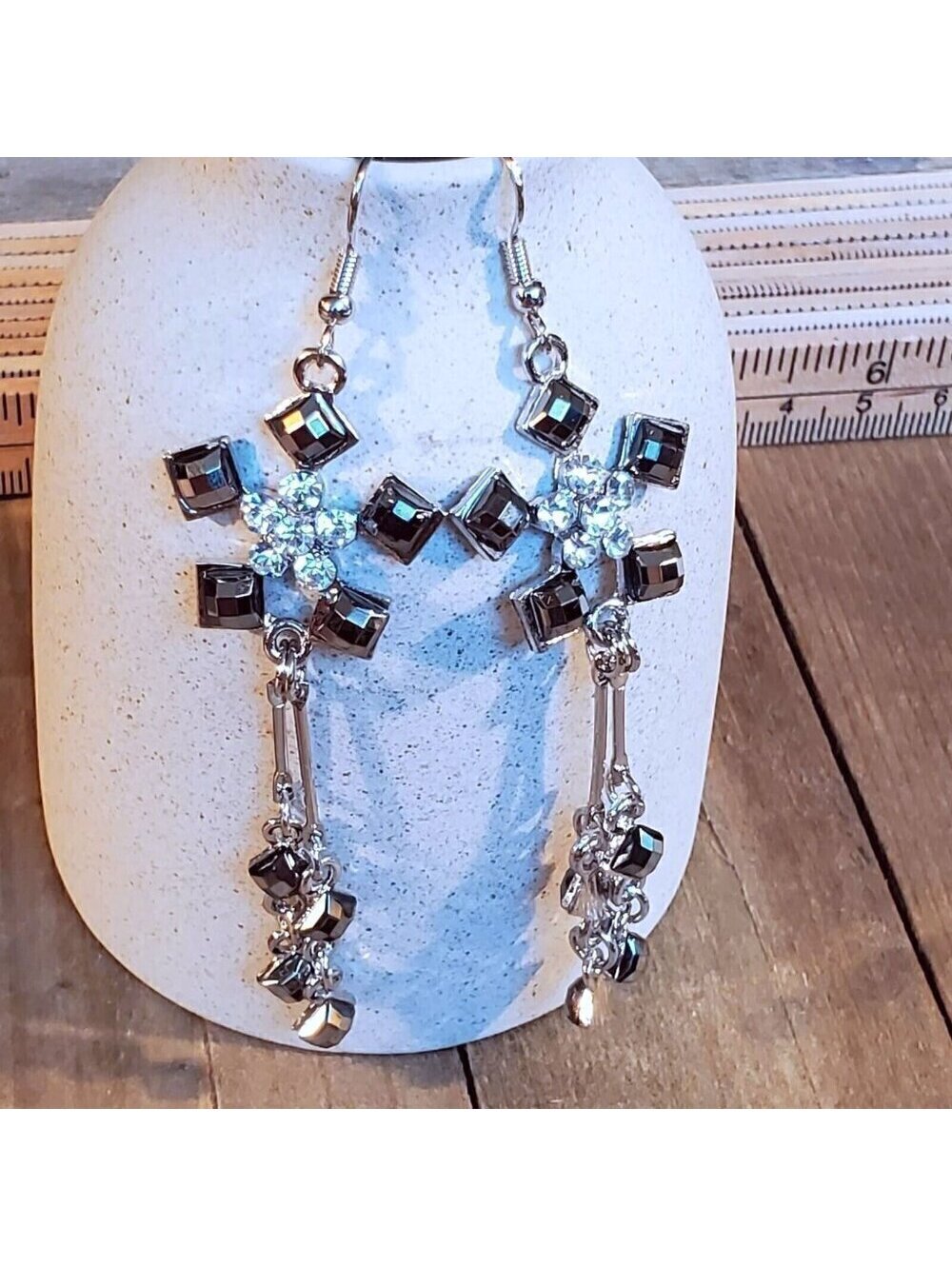 New Vintage Edgy Black Silver Clear CZ Crystal Geometric Long Dangle Earrings